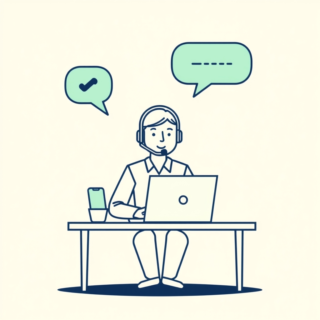 Illustration of a support specialist at a desk with chat bubbles