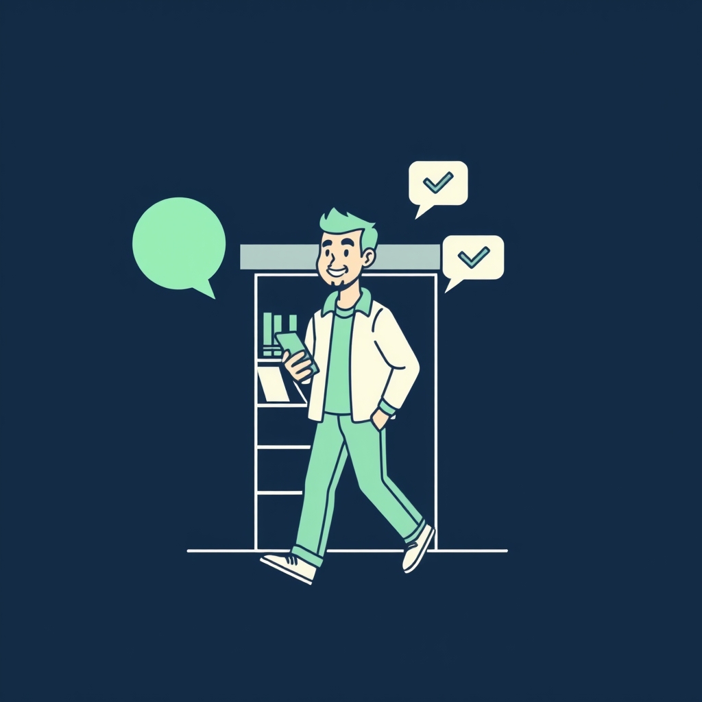 Illustration of a business owner leaving a shop with customer messages already answered
