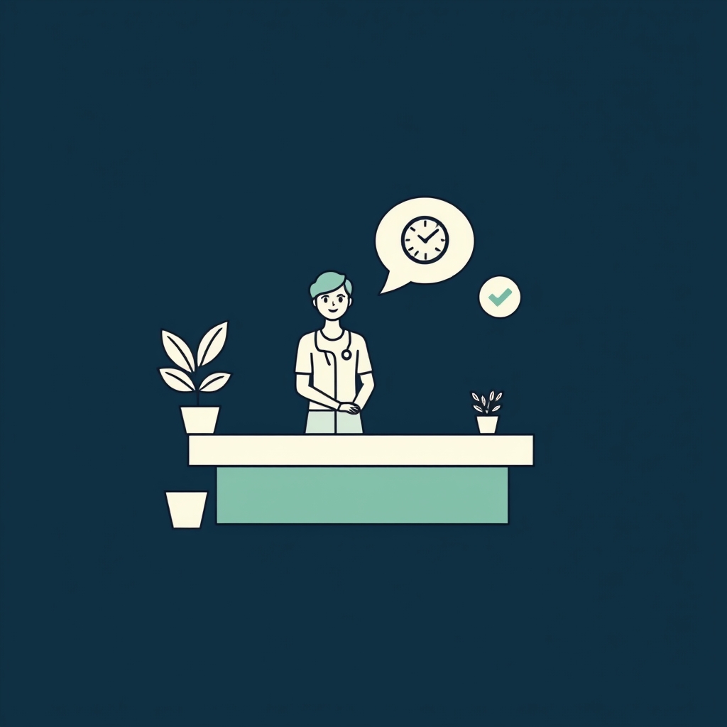 Illustration of a clinic reception desk confirming an appointment by chat