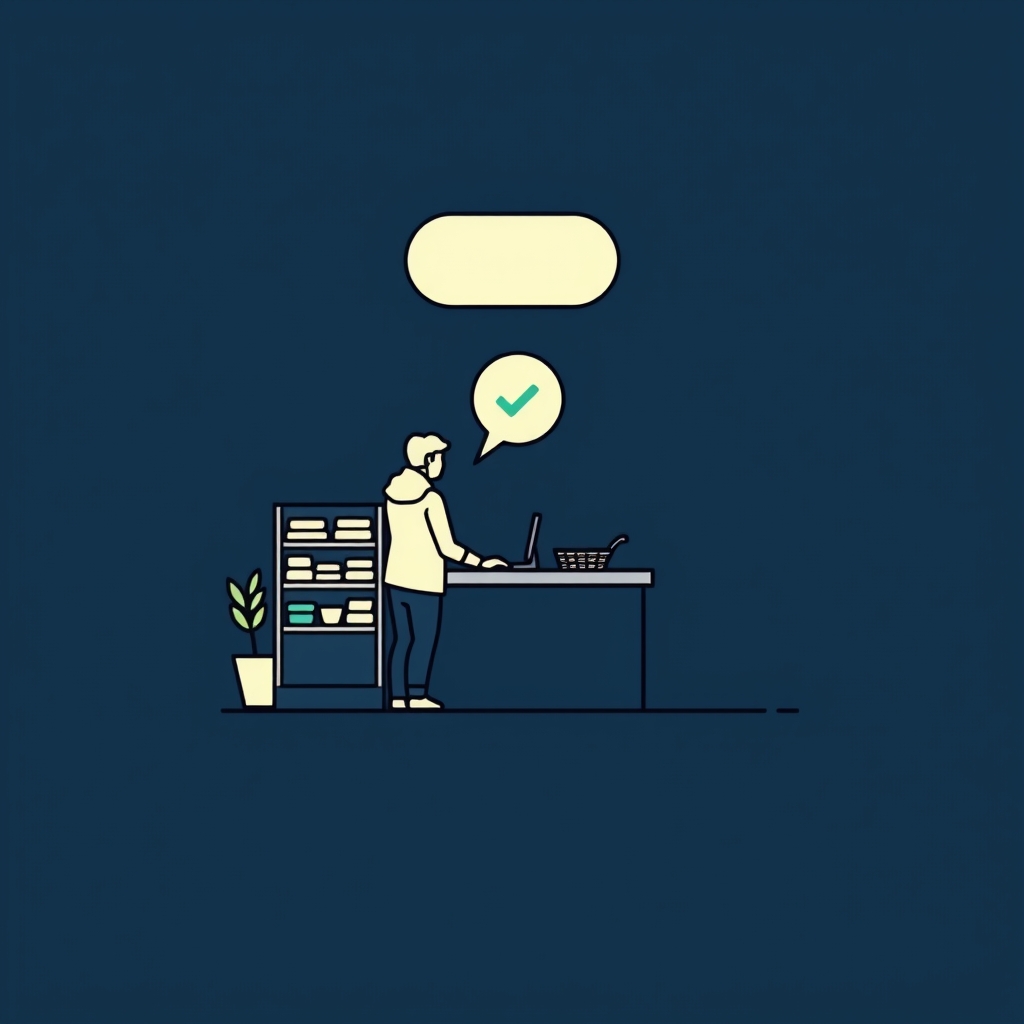 Illustration of a customer ordering at a shop counter with a checked reply bubble